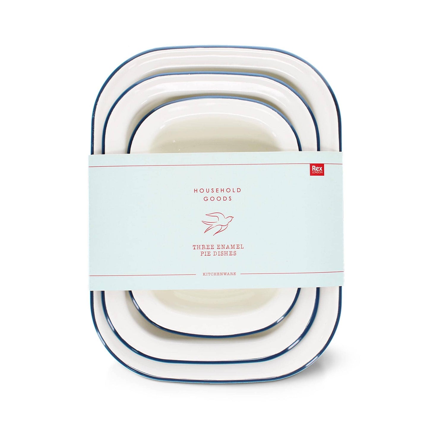 Rex Bakeware Enamel Pie Dishes - Set of 3 - White with Blue Rim - Rex London