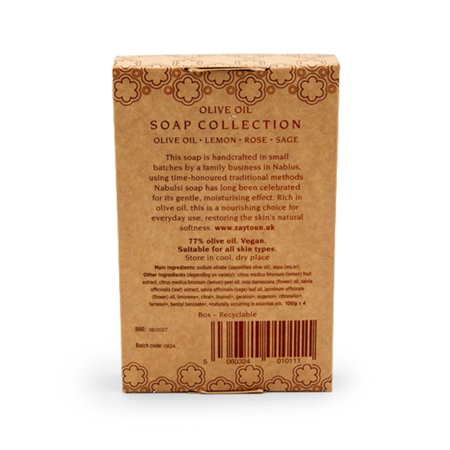 Zaytoun Bar Soap Zaytoun from Palestine - Olive Oil Soap Collection 4x100g (Pure, Lemon, Rose & Sage)