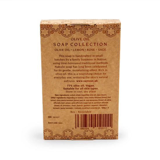 Zaytoun Bar Soap Zaytoun from Palestine - Olive Oil Soap Collection 4x100g (Pure, Lemon, Rose & Sage)