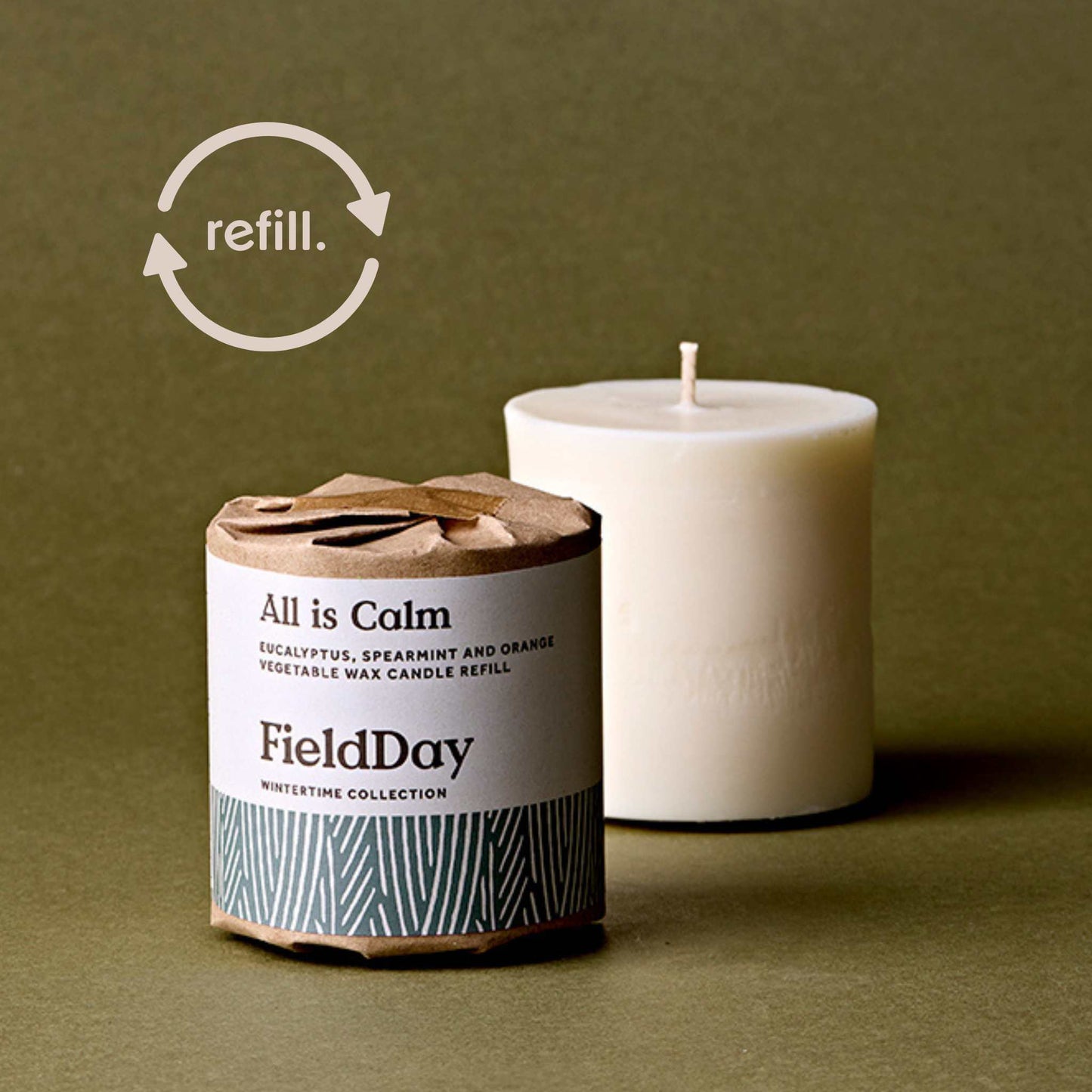 FieldDay Candles All is Calm Candle Refill – Eucalyptus, Spearmint & Orange – 210g / 30 Hours - FieldDay