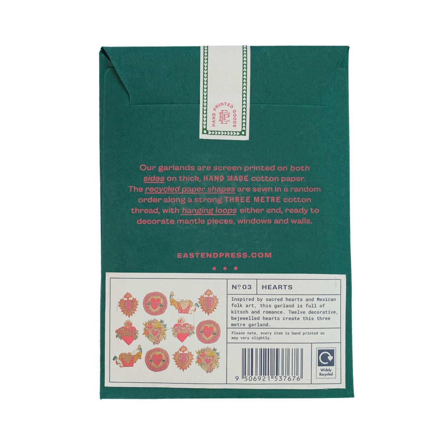 East End Press Decoration Kitsch Hearts Sewn Garland - Recycled Cotton Paper