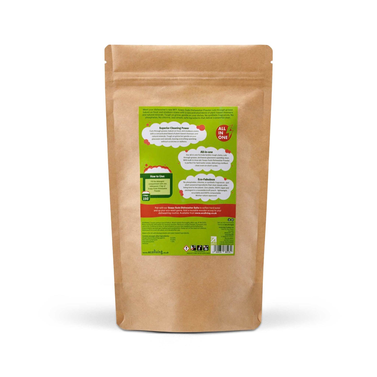 EcoLiving Dishwasher Cleaners Soapy Suds Dishwasher Powder - Plant-Based, Plastic-Free All-in-One Eco Detergent - 50 Washes