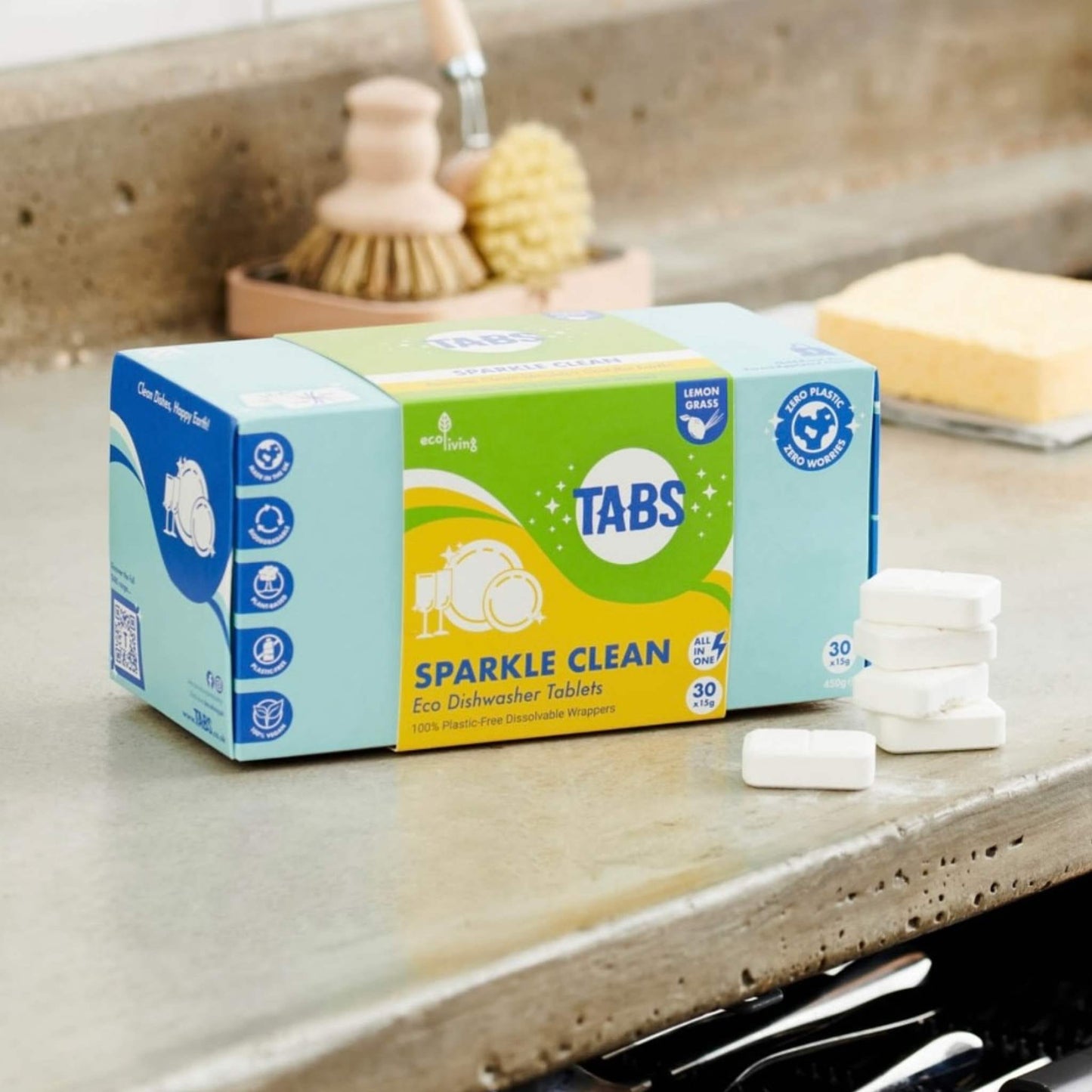 EcoLiving Dishwasher Cleaners Sparkle Clean Dishwasher Tablets - Plant-Based, Plastic-Free All-in-One TABS - 30x15g