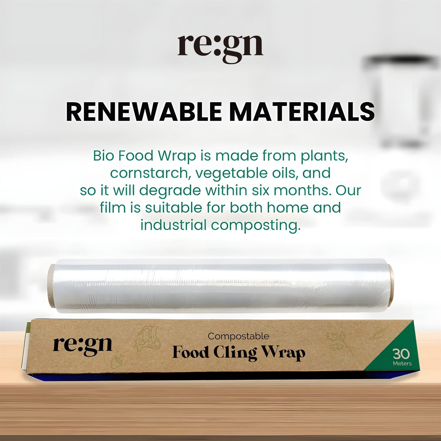 Re:gn Food Wrap Re:gn – Compostable Food Cling Wrap – Plant-Based & Plastic-Free – 30m