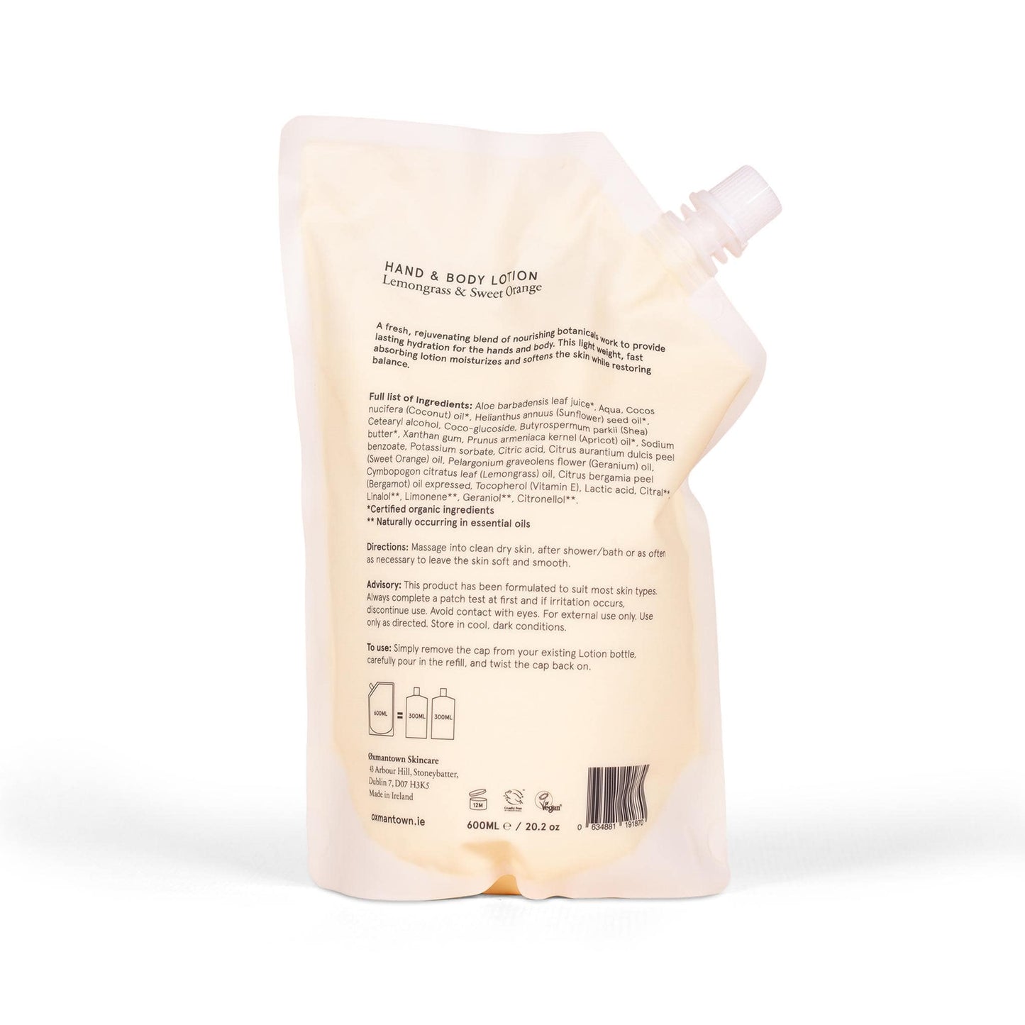 Oxmantown Hand & Body Lotion No.13 Hand & Body Lotion Refill - Lemongrass & Sweet Orange - 600ml - Oxmantown Skincare