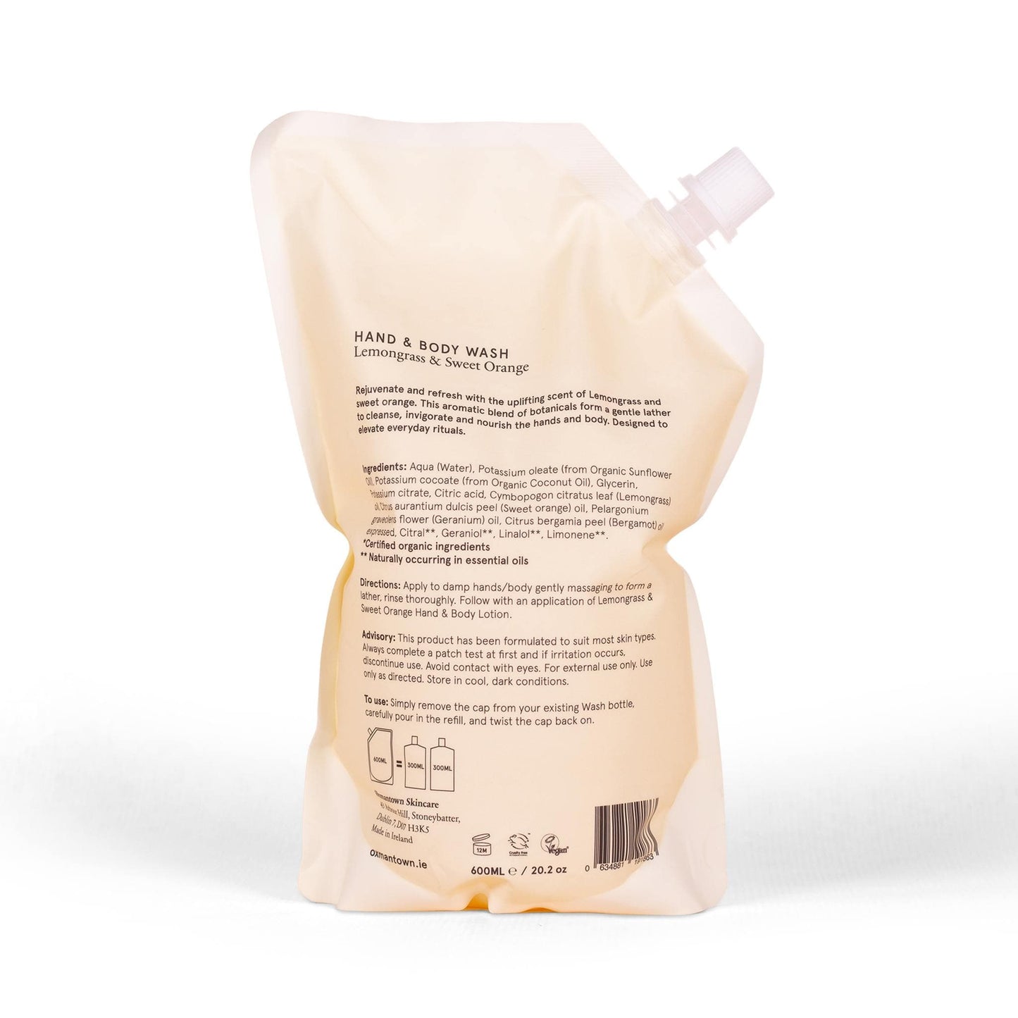 Oxmantown Hand & Body Wash No.12 Hand & Body Wash Refill - Lemongrass & Sweet Orange - 600ml - Oxmantown Skincare