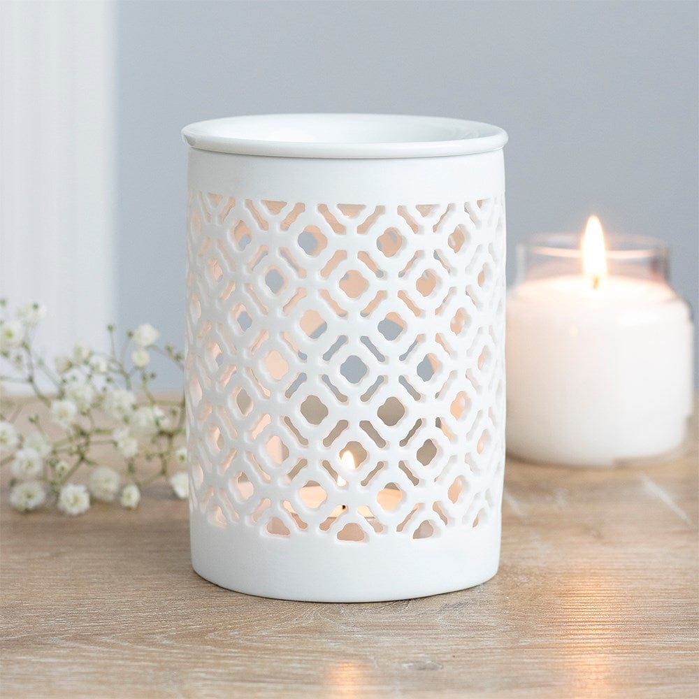 Something Different Wholesale Home Fragrance Accessories White Lattice Ceramic Wax Melt Burner – Dual Use & Elegant Design – 11.5cm