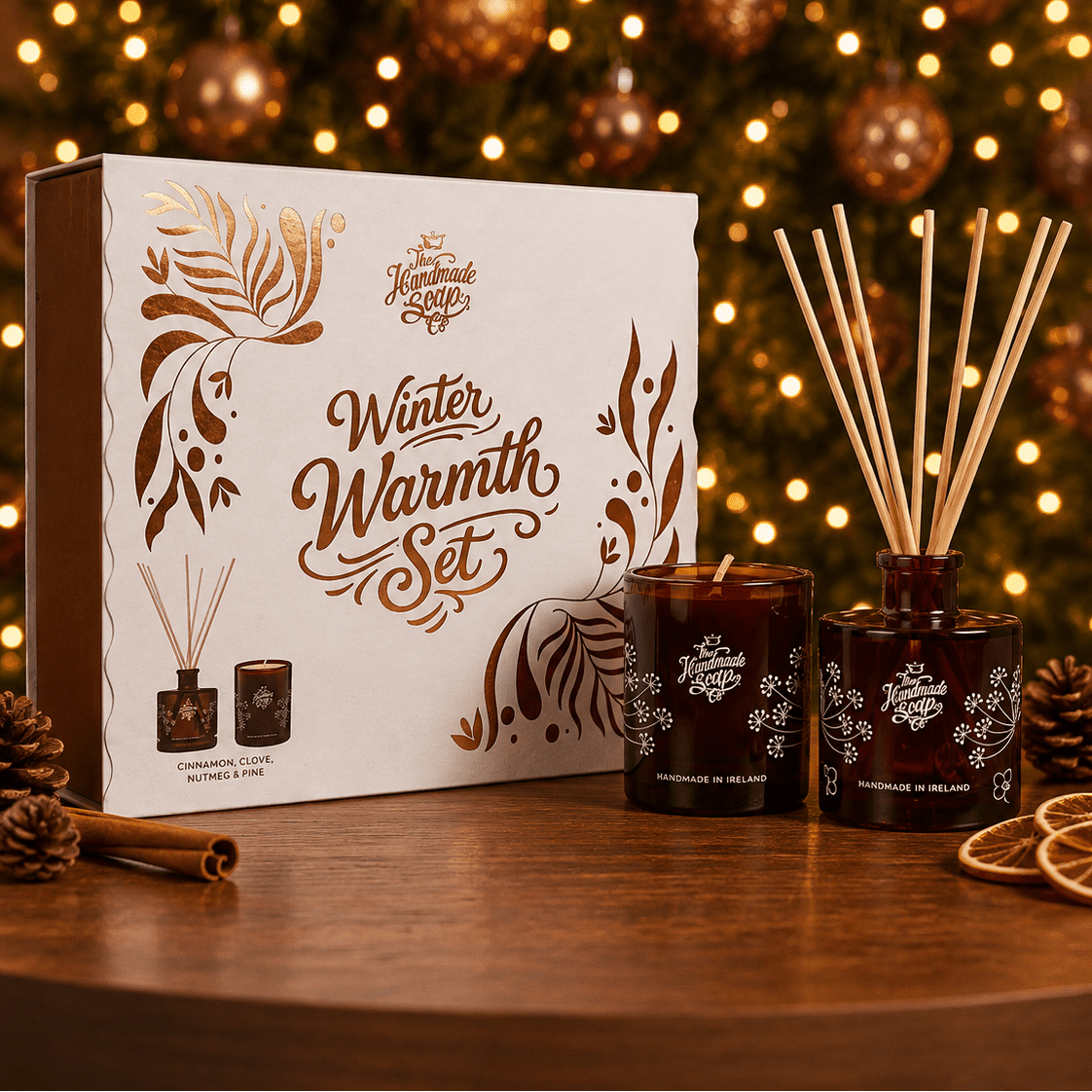 The Handmade Soap Company Home Fragrances Winter Warmth Set - Candle & Diffuser, Cinnamon, Clove, Nutmeg & Pine - The Handmade Soap Company