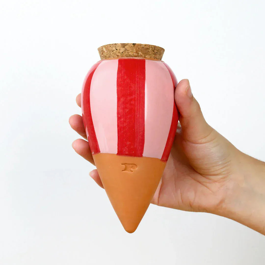 Pepin Homewares Olla - Striped Red and Pink - Self-Watering Plant Waterer - Microporous Ceramic