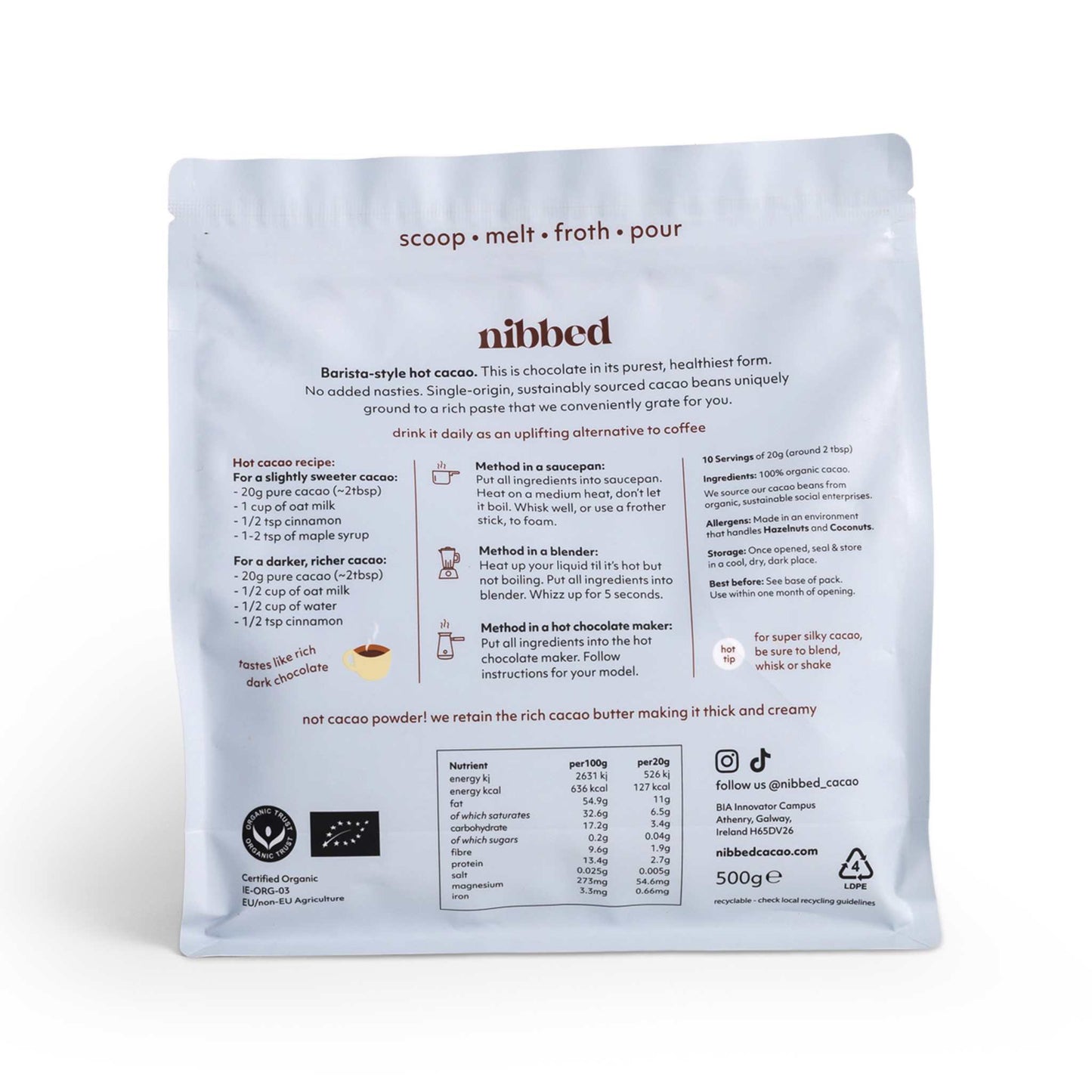 Nibbed Hot Chocolate Organic 100% Cacao Grated 200g - Nibbed