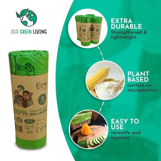 Eco Green Living Household Cleaning Products 10L Certified Compostable Waste Bags - 1 Roll of 18 Bags