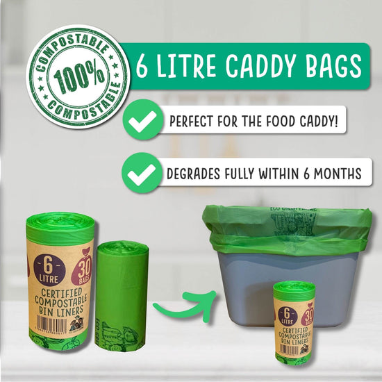 Eco Green Living Household Cleaning Products 6 Litre Certified Compostable Caddy Bags- 1 Roll of 30 Bags