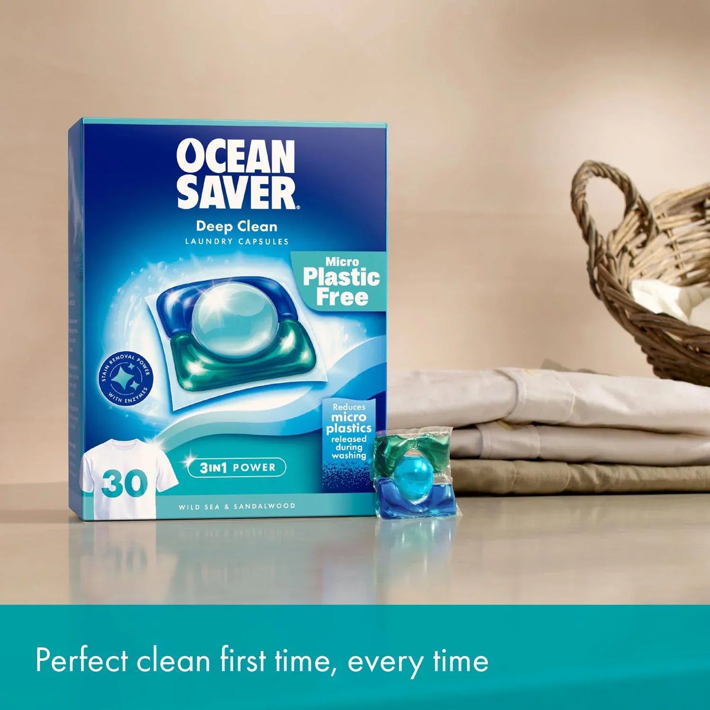 Ocean Saver Laundry Detergent Deep Clean Bio Laundry Capsules - Wild Sea & Sandalwood, 30 Washes - Ocean Saver