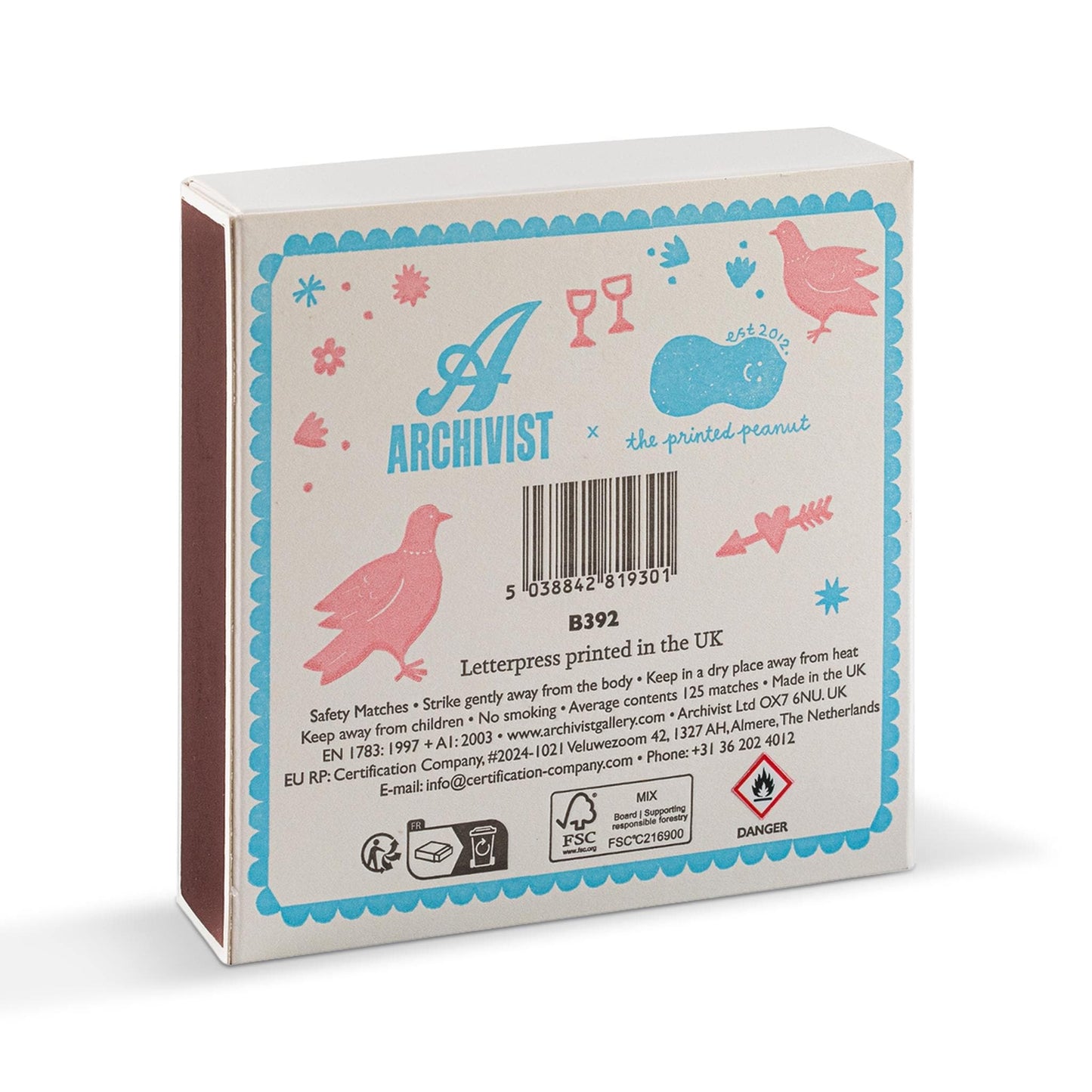 Archivist Gallery Lighters & Matches Square Safety Matches - Dove Perfect - 125 Matches - Archivist