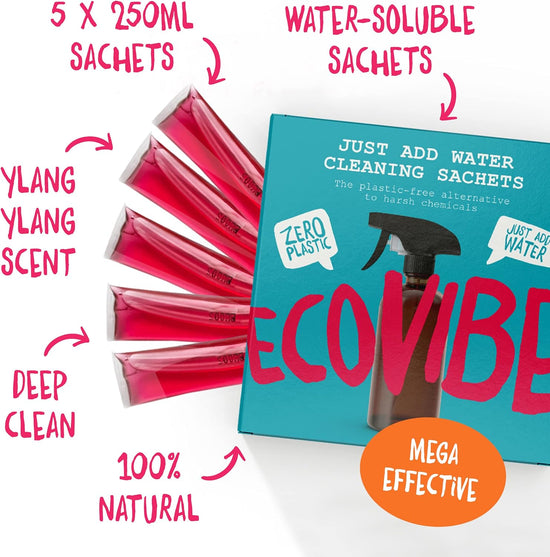 EcoVibe Multi-surface Cleaners Plastic-Free Soluble AntiBacterial Bathroom Cleaner Sachets - Ylang Ylang - 5 Pack - EcoVibe