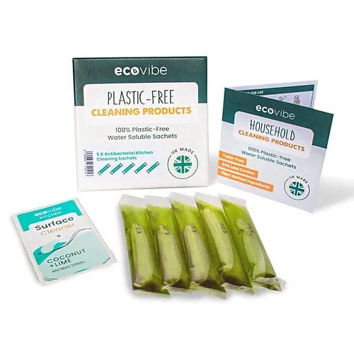 EcoVibe Multi-surface Cleaners Plastic-Free Soluble Kitchen Cleaner Sachets  - Coconut & Lime - 5 Pack - Antibacterial - EcoVibe