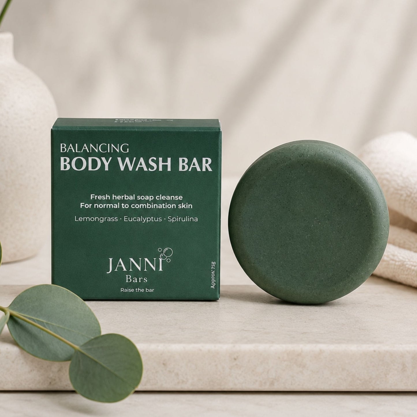 Janni Bars Soap Balancing Body Wash Bar - Green Clay & Spirulina, 75g - Janni Bars