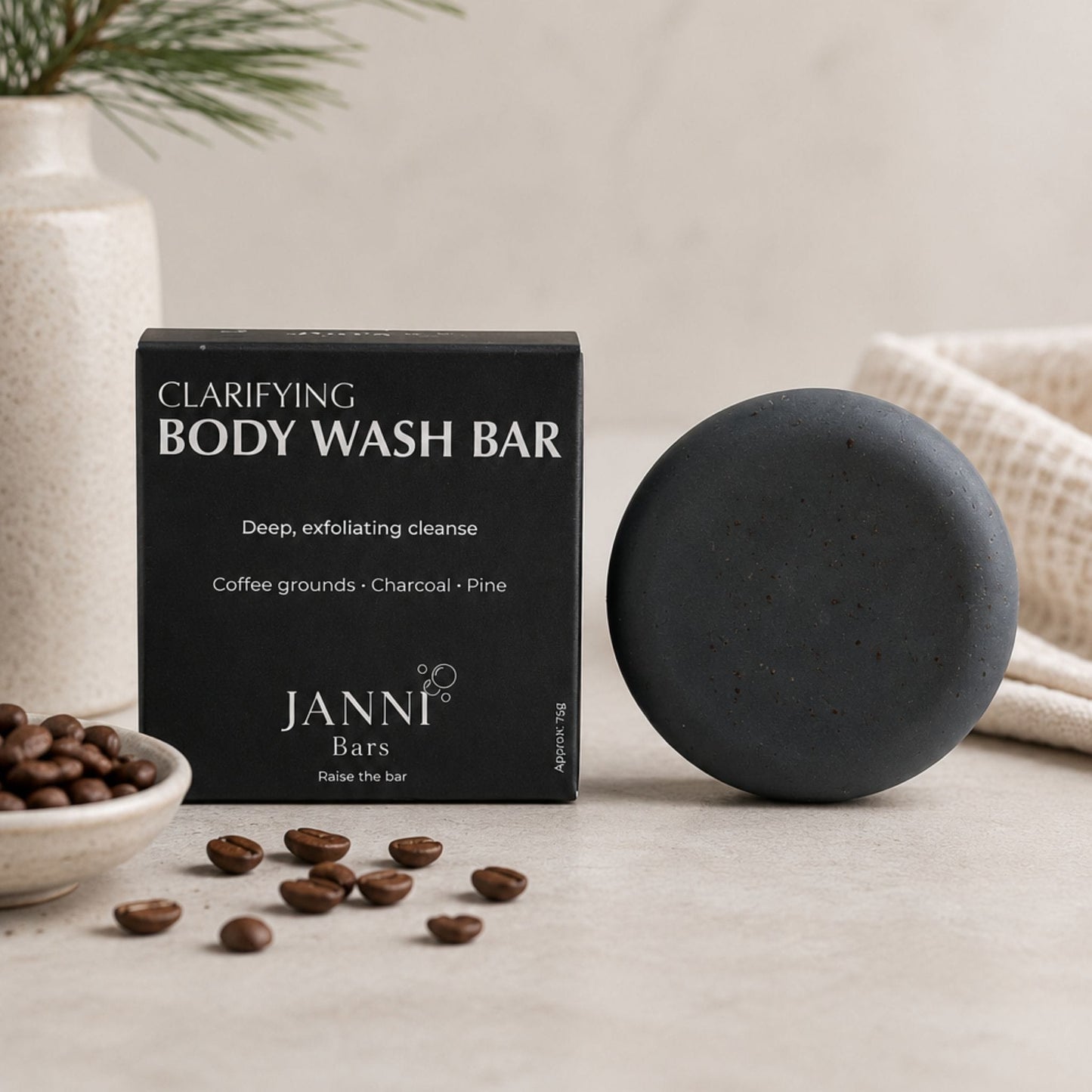 Janni Bars Soap Clarifying Body Wash Bar - Charcoal & Coffee, 75g - Janni Bars