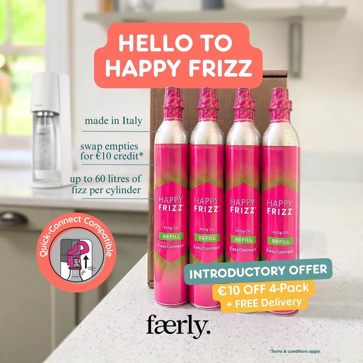 Faerly Soda Makers CO2 Gas Cylinder Easy Connect (CLICK-IN) - 60 Litre for Home Carbonators & Sodamakers - Happy Frizz