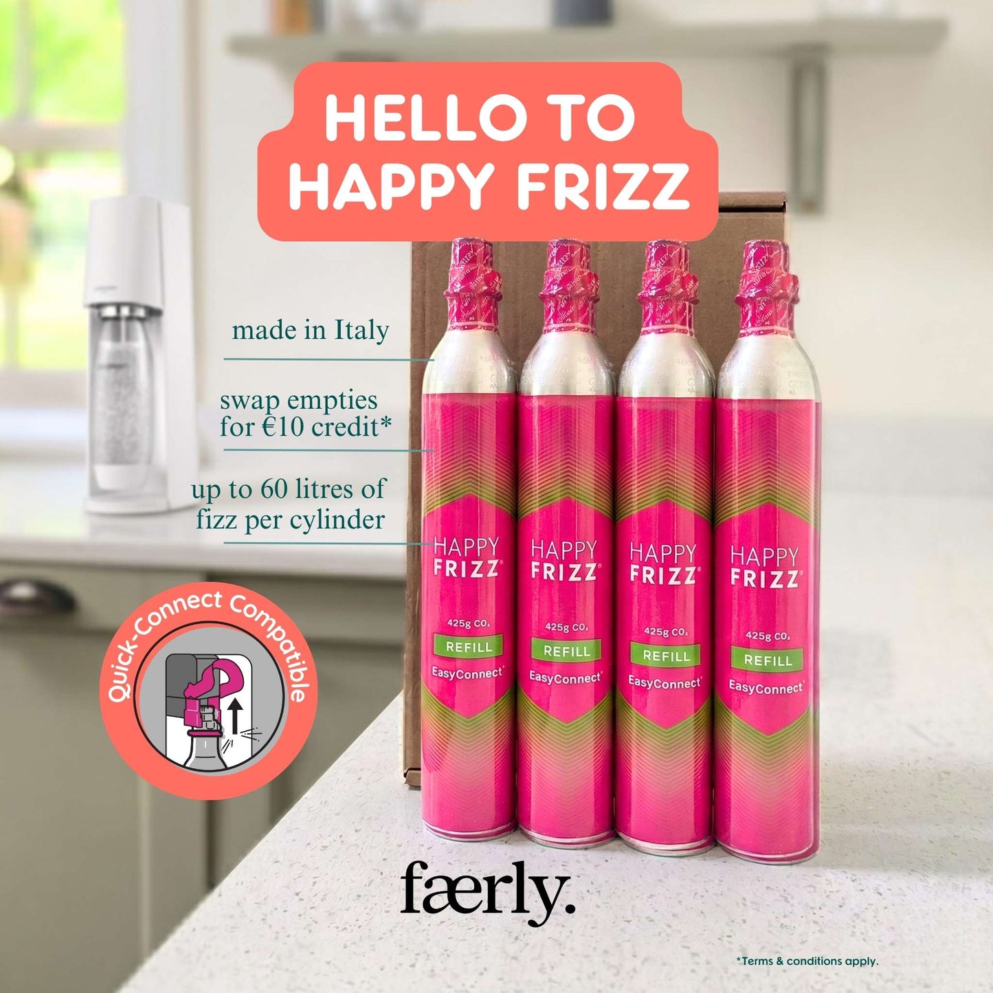 Faerly Soda Makers CO2 Gas Cylinder Easy Connect (CLICK-IN) - 60 Litre for Home Carbonators & Sodamakers - Happy Frizz