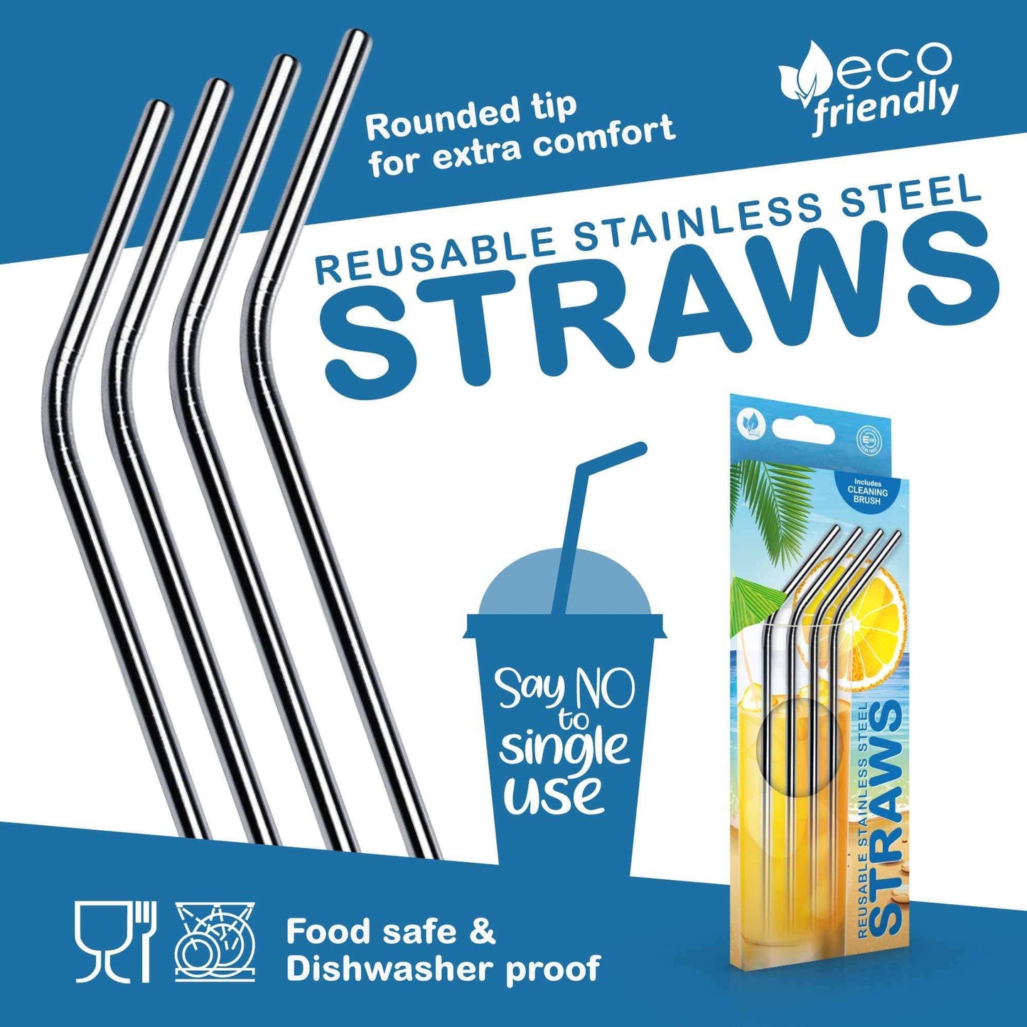 Echo Three Straws Reusable Stainless Steel Straws - Pack of 4 with Cleaning Brush