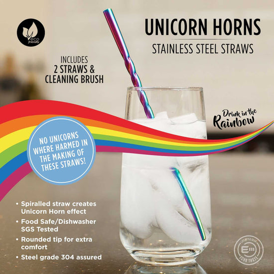 Echo Three Straws Unicorn Horns Stainless Steel Straws - Pack of 2 with Cleaning Brush