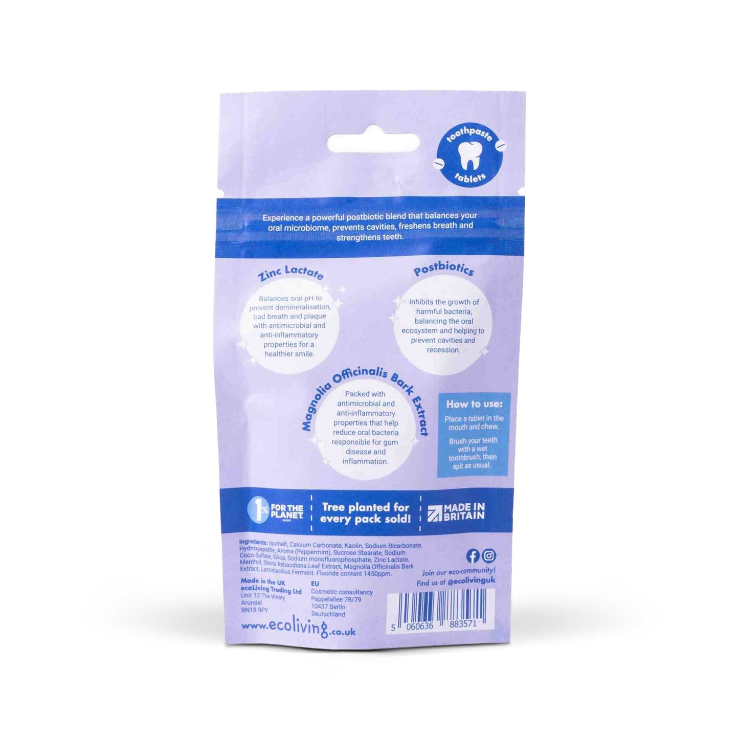 EcoLiving Toothpaste Biotic Boost Toothpaste Tablets - Peppermint - Fluoride or Fluoride-Free - 125 Tabs