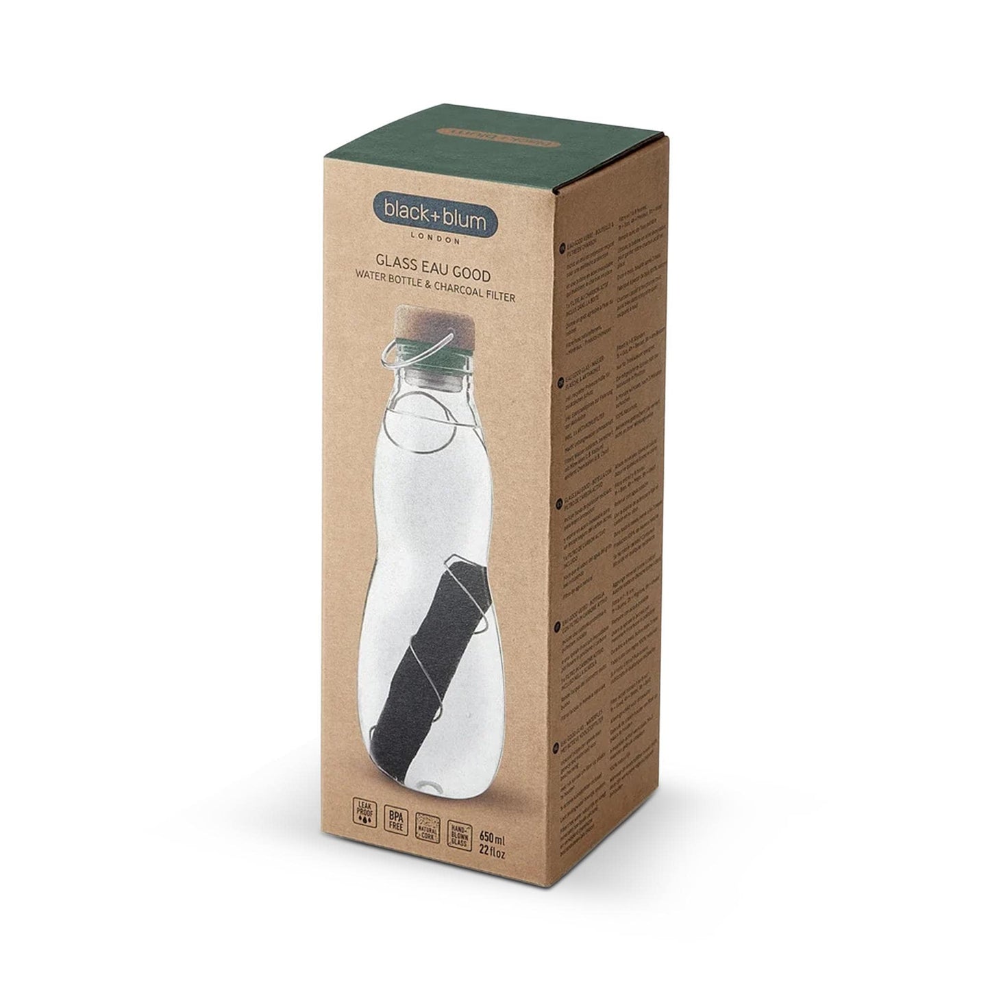 black + blum Water Bottles Eau Good Glass Charcoal Filter Water Bottle 650ml - Olive - black + blum