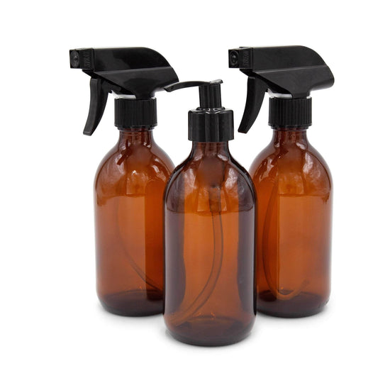 Faerly Bottles 3 Bottle Starter Pack - 2 x Spray, 1 x Pump 300ml Amber Glass Sirop Bottle - with Trigger Spray or Lotion Pump