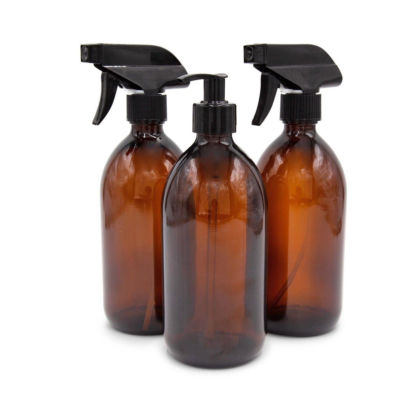 Faerly Bottles 3 Bottle Starter Pack - 2 x Spray, 1 x Pump 500ml Amber Glass Sirop Bottle - with Trigger Spray or Lotion Pump