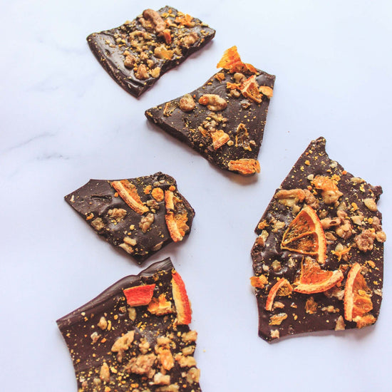Nibbed Candy & Chocolate Nibbed Chocolate Bark 75% - Orange  & Maple with Activated Walnuts