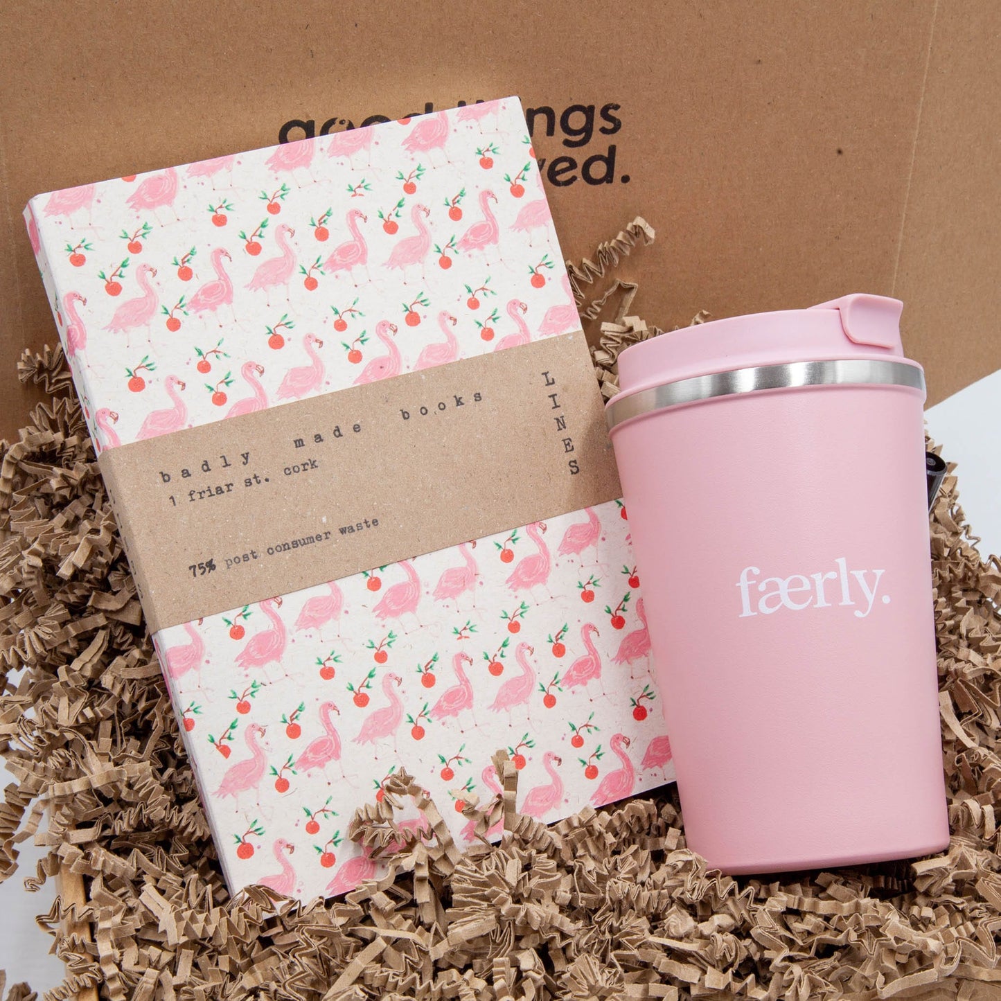 Load image into Gallery viewer, Faerly Coffee &amp;amp; Tea Cups Pink Flamingos Conscious Cup Gift Box - 12oz Reusable Cup &amp;amp; A5 Recycled Notebook
