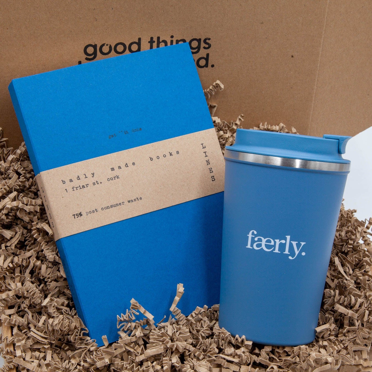 Load image into Gallery viewer, Faerly Coffee &amp;amp; Tea Cups Steel Blue Conscious Cup Gift Box - 12oz Reusable Cup &amp;amp; A5 Recycled Notebook
