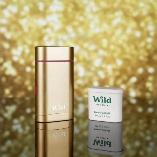 Load image into Gallery viewer, Wild Deodorant Wild Gold Case and Pomegranate &amp;amp; Pink Peppercorn Natural Deodorant Starter Pack
