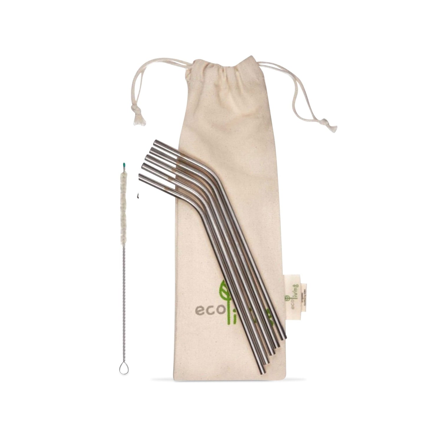 Faerly EcoLiving 5 Stainless Steel Bent Drinking Straws with Plastic-Free Cleaning Brush & Organic Carry Pouch