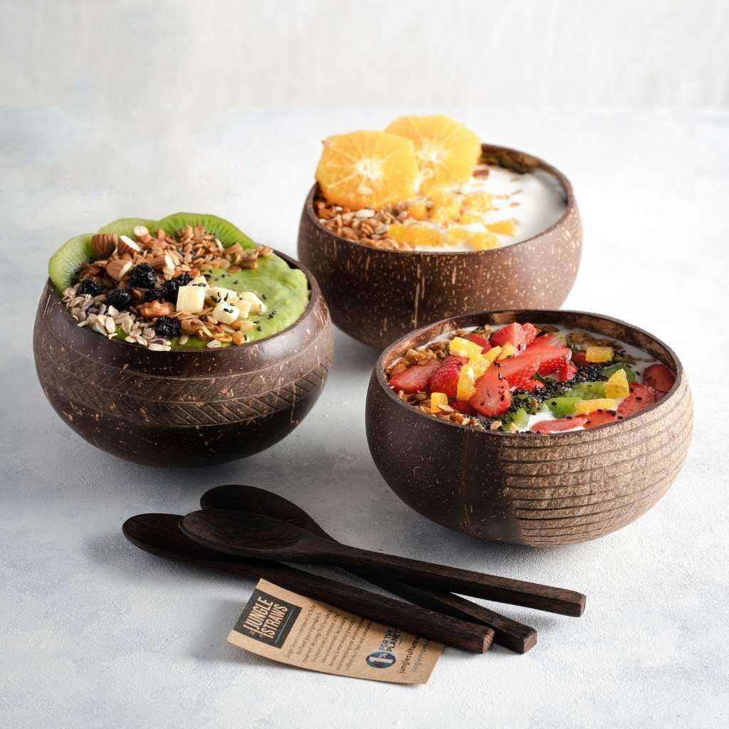 Jungle Culture Homewares Natural Coconut Bowls Set with Spoons & Straws -  Jungle Culture