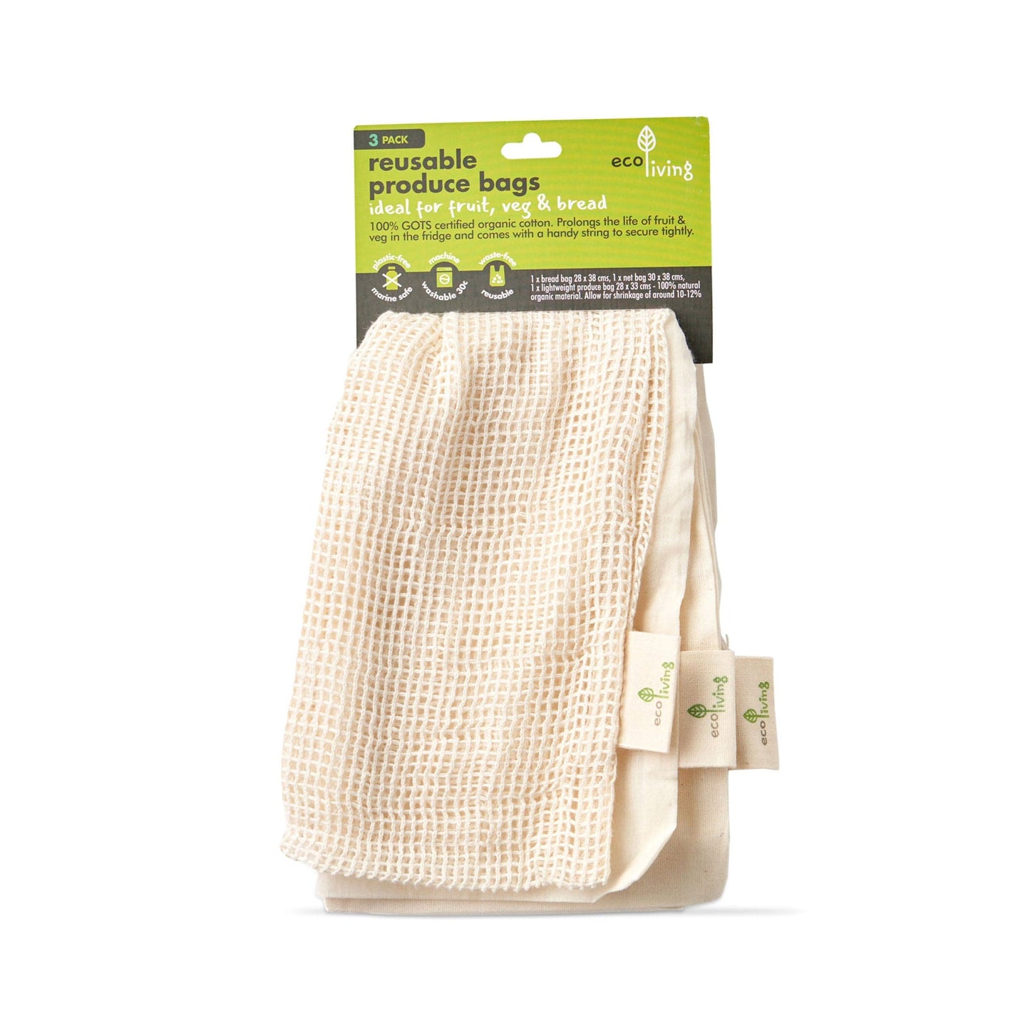 ecoLiving Produce Bags Reusable Organic Produce Bags and Bread Bag - 3pk