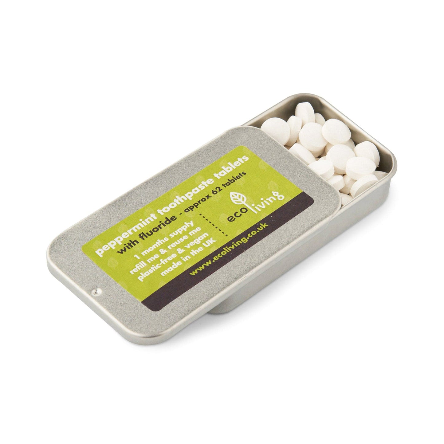 Load image into Gallery viewer, ecoliving Toothpaste Refillable Tin 62 Tabs EcoLiving Toothpaste Tablets in Refillable Tin &amp;amp; Refills - Mint with Flouride
