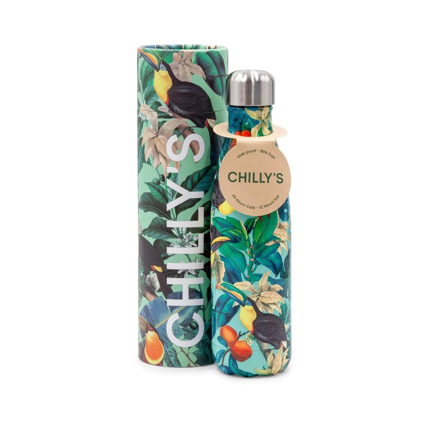 Load image into Gallery viewer, Chilly&amp;#39;s Water Bottles Chilly&amp;#39;s Reusable Bottle - 500ml, S/Steel,  Tropical Toucan
